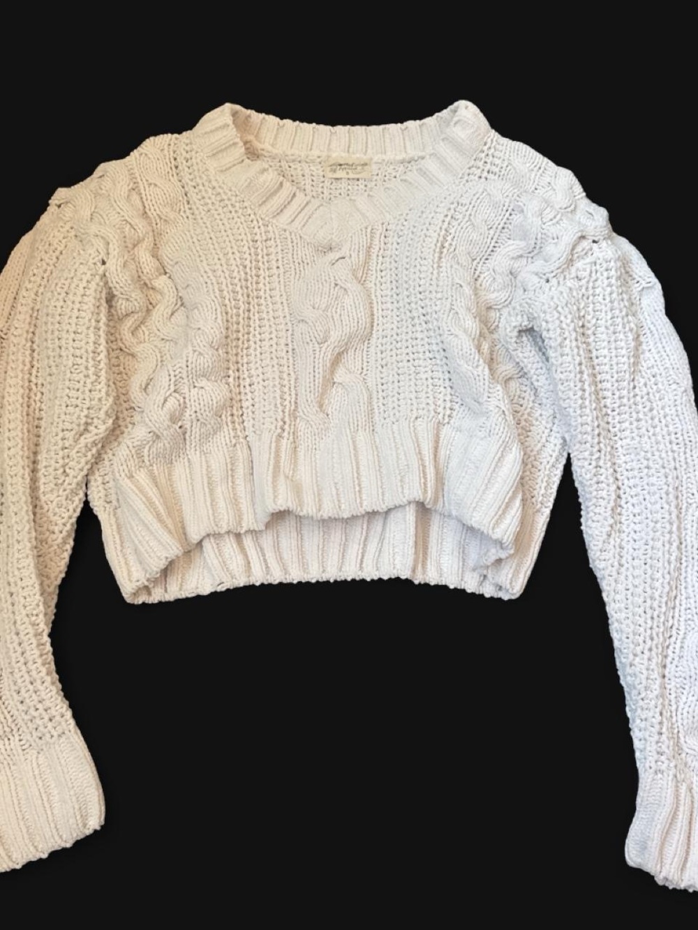 Poof! Cream Cable Knit Cropped Crewneck Sweater
